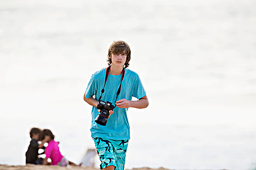 男孩,摄像机,海滩