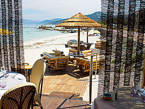 餐馆,桌子,海滩,科西嘉岛