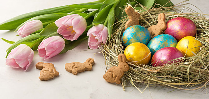 复活节彩蛋,稻草,鸟窝,复活节兔子,饼干,郁金香,白色背景