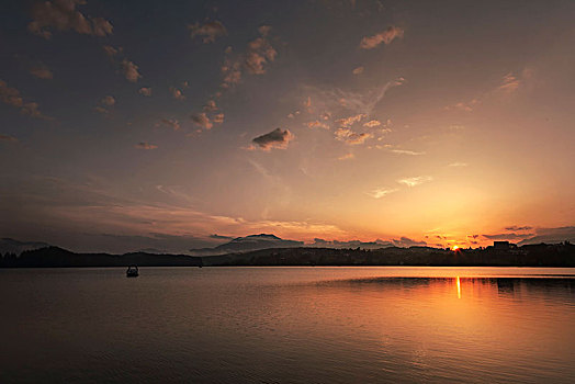 日落,湖,卡林西亚
