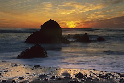 日落,上方,海滩,北方,加利福尼亚