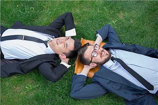 两个,高兴,年轻,商务人士,套装,躺着,青草
