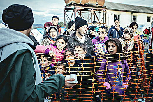 难民,露营,边界,队列,食物,中马其顿,希腊,欧洲