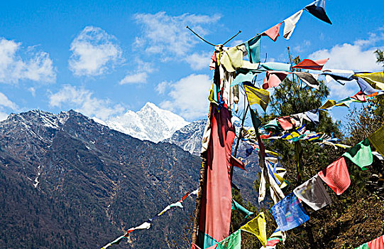 尼泊尔,经幡,喜马拉雅山,远景,遥远,珠穆朗玛峰