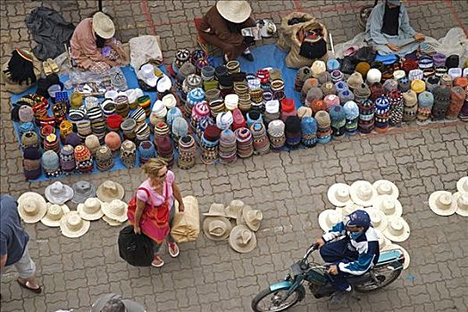 摩洛哥,玛拉喀什,马希地区,帽子,货摊,香料市场