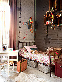旧式,床,角,童房,玩具,架子,褐色,墙壁