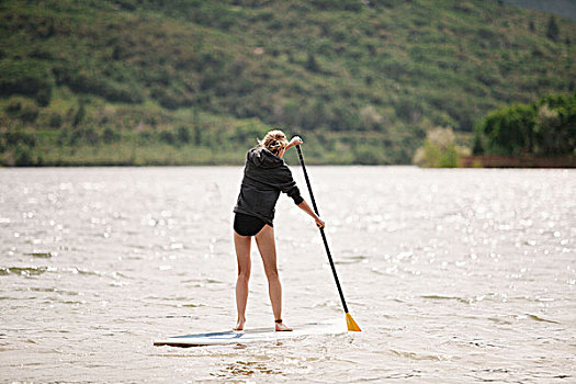 少女,站立,船桨,冲浪,湖