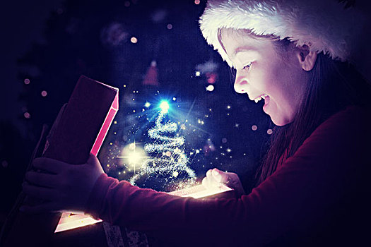 合成效果,图像,小女孩,打开,魔法,圣诞礼物,圣诞树,设计