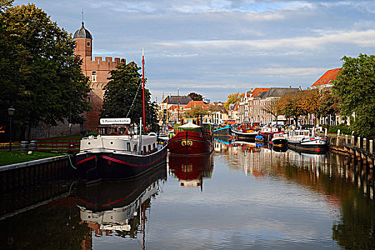 荷兰,薄烤饼,船,几个,运河,城镇