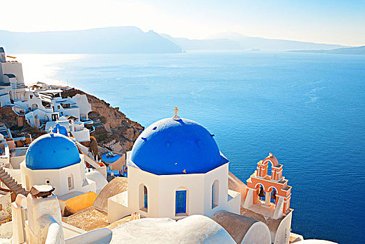 锡拉岛,天际线,蓝色,圆顶,教堂,建筑,希腊