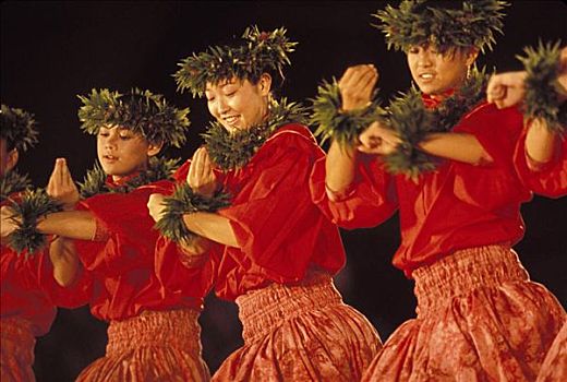 夏威夷,女人,穿,红色,表演,草裙舞,群体,舞台,夜晚