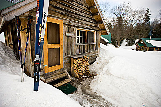 滑雪,户外,小屋,小,水塘,靠近,缅因,冬天