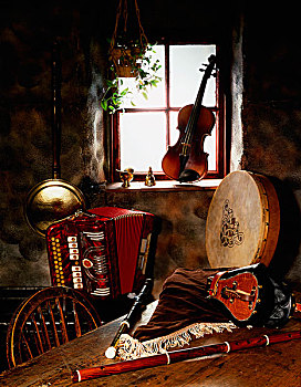 传统,乐器,老,屋舍,爱尔兰