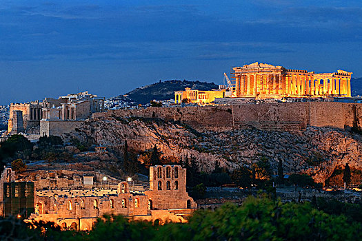 雅典,天际线,夜晚,山顶,希腊