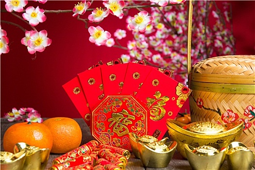 春节,装饰,李子,花,金条,象征,幸运
