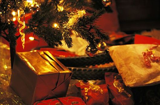 特写,礼品包装,包裹,圣诞树,金光
