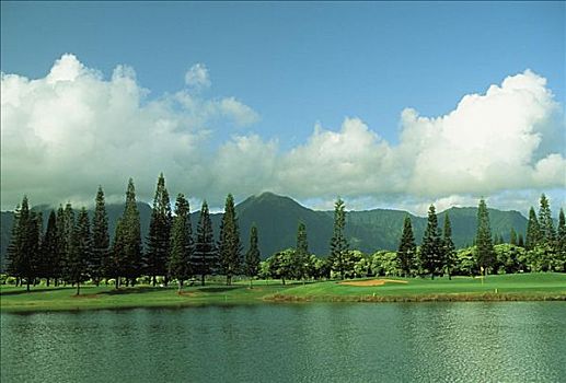 夏威夷,考艾岛,普林斯维尔,胜地,湖,高尔夫球场