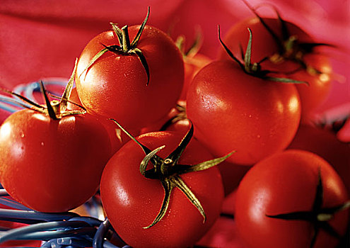 堆,红色,西红柿,绿色,茎,特写