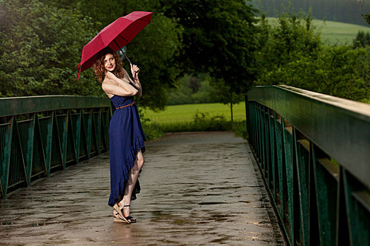 年轻,魅力,女人,红色,伞,雨,自然