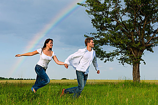 幸福伴侣,跑,草地,背景,彩虹