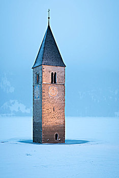 淹没,钟楼,省,博尔查诺,地区,意大利,下雪