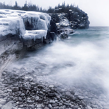 冰冻,岩石,岸边,乔治亚湾,冬天,自然,风景,布鲁斯半岛,安大略省,加拿大,北美