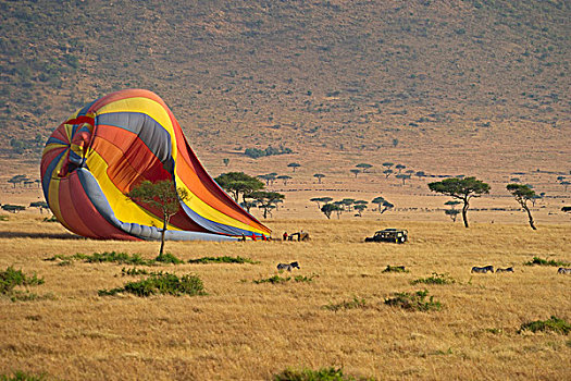 热气球,降落,马赛马拉,肯尼亚,非洲