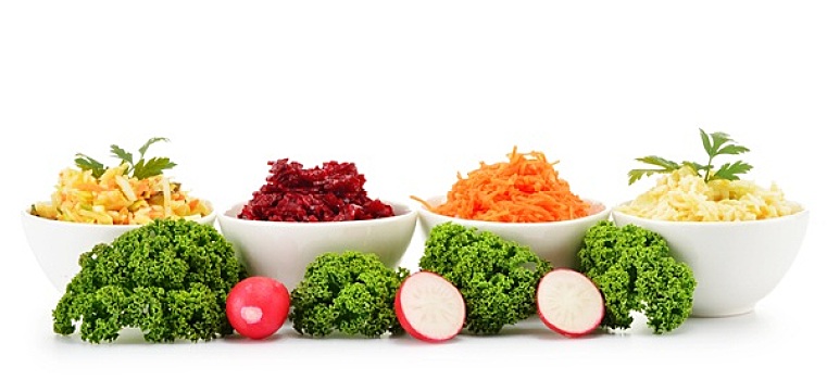 构图,四个,蔬菜沙拉,碗