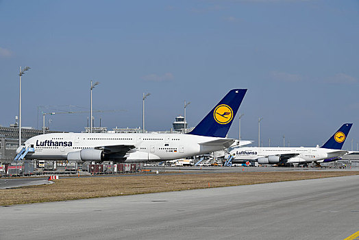 两个,空中客车,汉莎航空公司,停放,位置,塔,慕尼黑,机场,上巴伐利亚,巴伐利亚,德国,欧洲