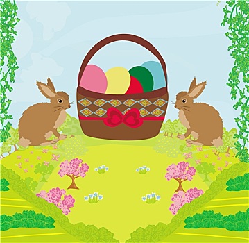贺卡,复活节,兔子,篮子,蛋