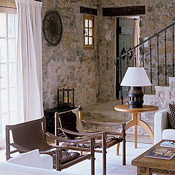 皮革,椅子,茶几,正面,天然石,墙壁,阶梯,黑色,金属,栏杆