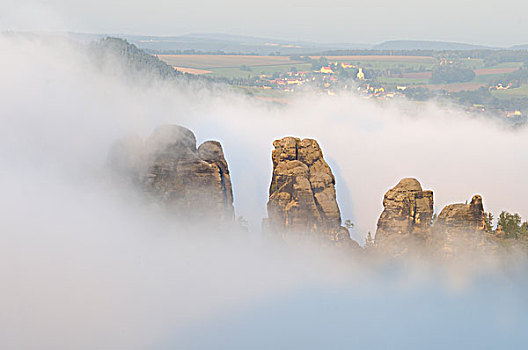 石头,雾,砂岩,山峦,萨克森,德国,欧洲