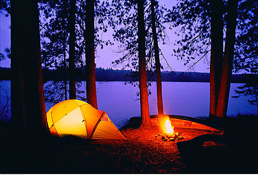 营地,黄昏,景象,湖,阿尔冈金省立公园,安大略省,加拿大