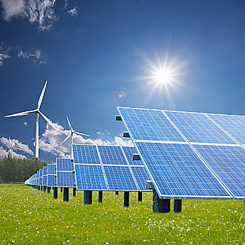 风轮机,太阳能电池板,清洁能源