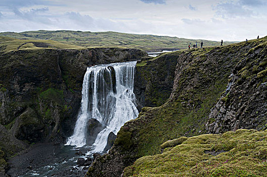 瀑布,游客,高处,斜坡,排,高地,冰岛,欧洲