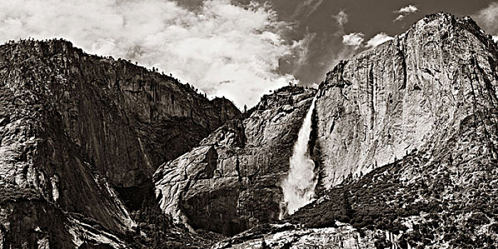 瀑布,全景,优胜美地国家公园,加利福尼亚,黑白