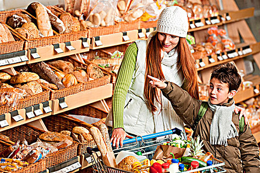 杂货店,购物,红发,女人,小男孩,选择,面包