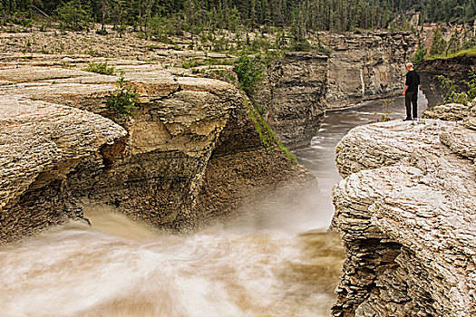 男人,鲑鱼,河,流动,俯视,瀑布,公路,加拿大西北地区,加拿大