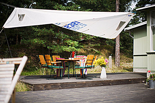 遮阳伞,高处,花园桌,椅子,木质,平台