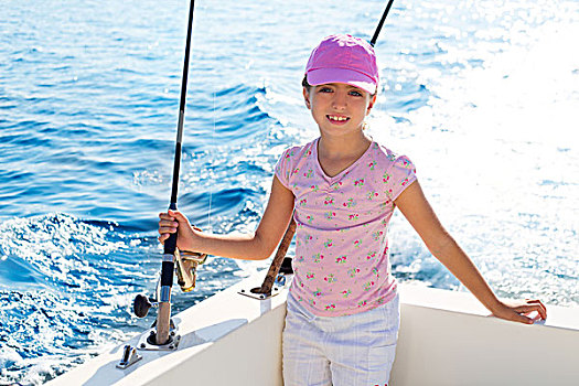孩子,女孩,航行,渔船,拿着,杆,蓝色海洋