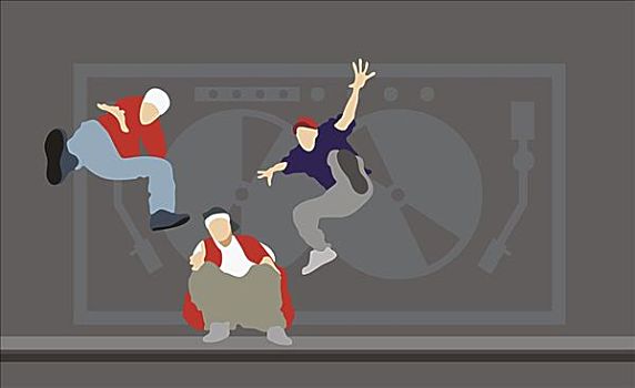 三个男人,跳舞,正面,唱机转盘