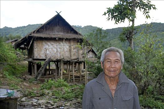 一个,男人,肖像,老挝,部落,正面,小屋,乡村,禁止,省,东南亚