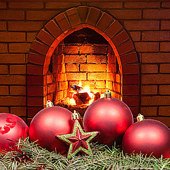 红色,星,圣诞节,家,壁炉