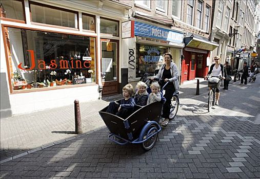 女人,孩子,自行车,阿姆斯特丹,荷兰,欧洲