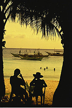 剪影,海滩,船,水中,日落,长滩岛,菲律宾
