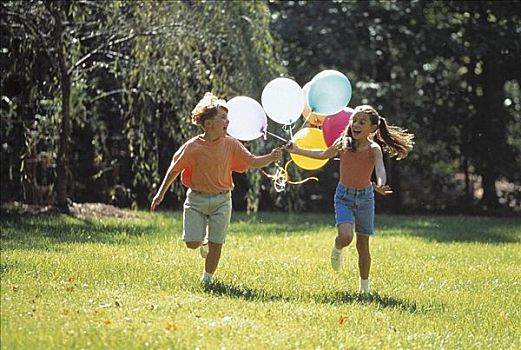 女孩,男孩,气球,玩,高兴