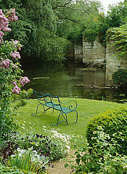 花园,金属,长椅,正面,河,沃里克郡,英国
