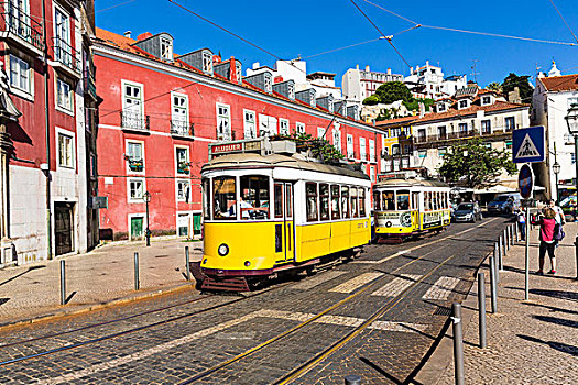 老,有轨电车,正面,彩色,城市,建筑,阿尔法马区,地区,里斯本,葡萄牙
