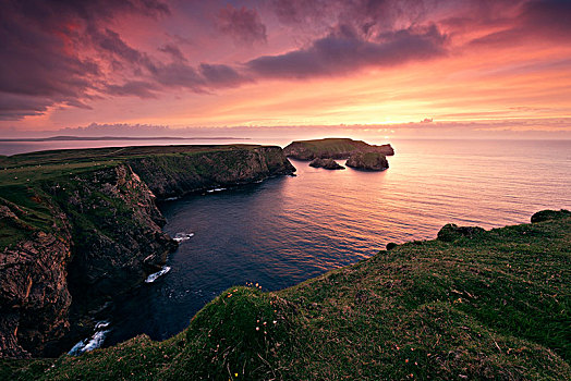 红色,日落,悬崖,头部,梅奥县,爱尔兰