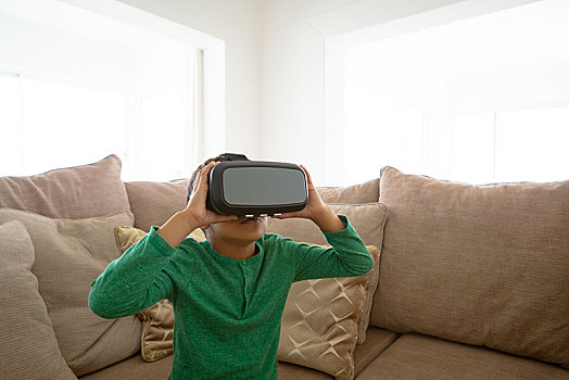 男孩,虚拟现实,耳机,客厅,舒适,家